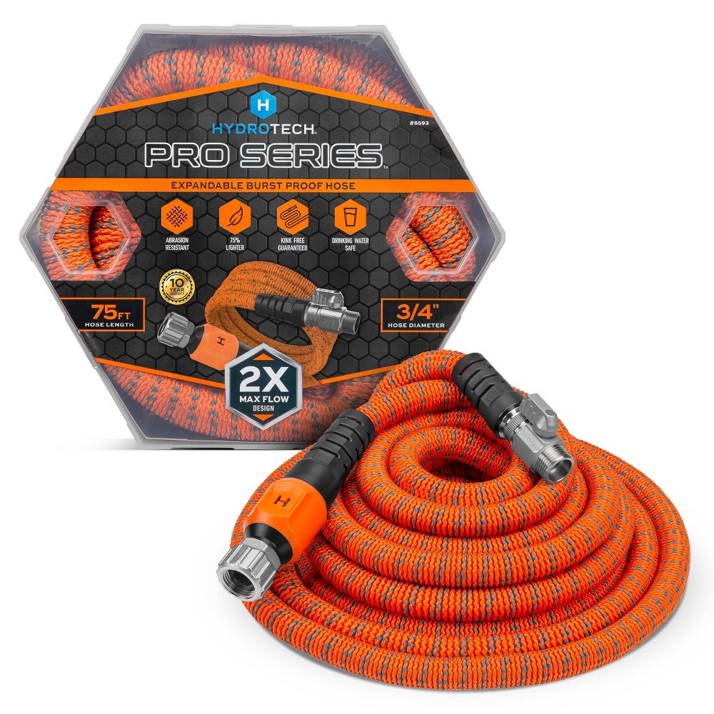 Photos - Garden Hose HydroTech 75' Pro Series Expandable Max Flow  Orange: Durable Kink & Burst Resistant, 3/4" Diameter