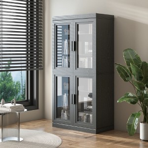 Wood Accent Cabinet in Black, Storage Organizer with Adjustable Shelves and Glass Doors for Kitchen Bedroom Living Room Dinning Room - 1 of 4