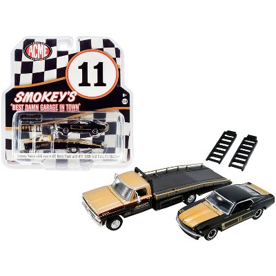 1970 Ford F-350 Ramp Truck & 1969 T/A Mustang #11 Black & Gold "Smokey's Yunick" 1/64 Diecast Model Cars by Greenlight for ACME