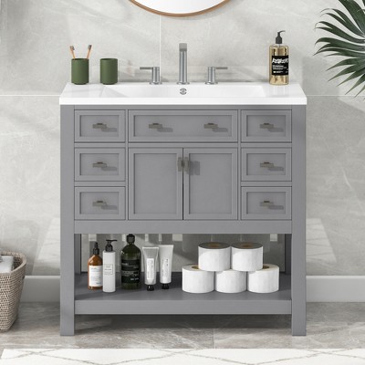 Akoasm 36 Inch Bathroom Storage Cabinet Vanity With Top Sink With Drawers & Soft Doors-Gray