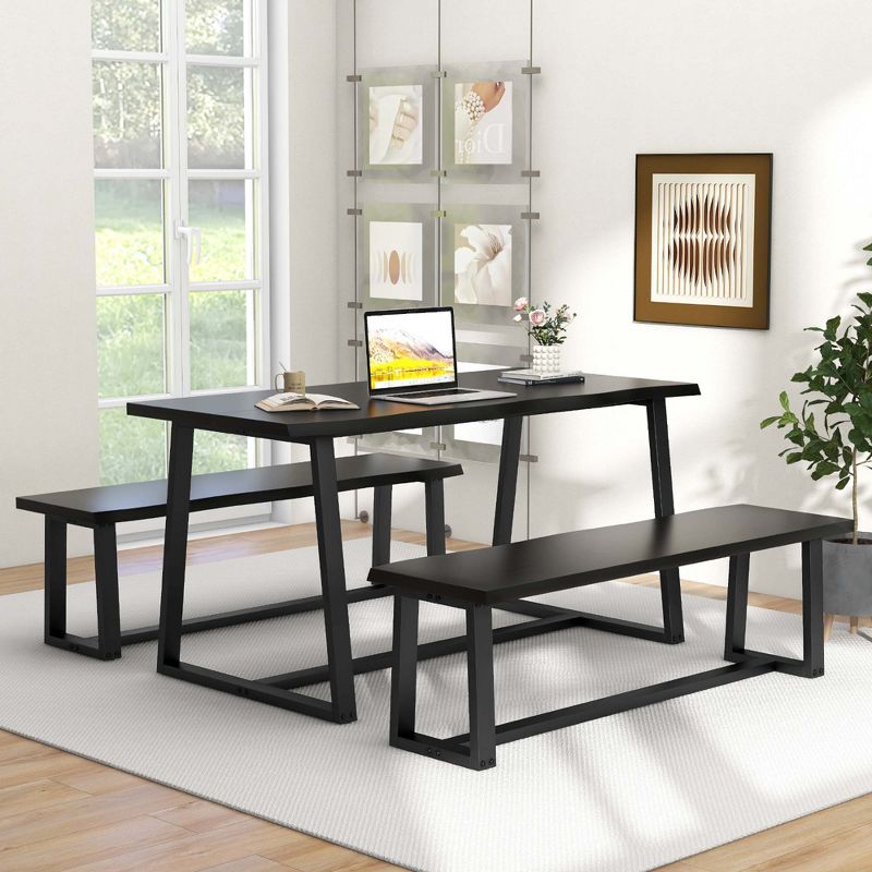 Costway 3 Pieces Dining Table Set 63" Large Table and 2 Long Benches for 4-6 People Black/Coffee, 4 of 9