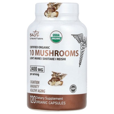 Nutri Organic 10 Mushrooms, Lion's Mane, Shiitake, Reishi, 2,400 mg, 120 Organic Capsules ( 600 mg per Capsule)