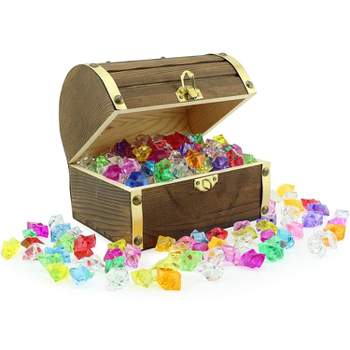 Attatoy Wooden Pirate Treasure Chest w/ 240 Colored Jewel Plastic Gems; Small Antique Style Wood Box w/ Brass Accents; 1 Lb. Acrylic Gemstones