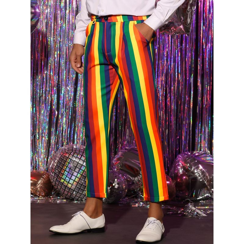 Lars Amadeus Men's Regular Fit Flat Front Cropped Rainbow Striped Pants, 2 of 6