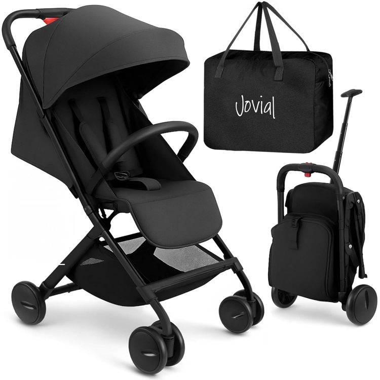 Black colored stroller with a canopy, shown alongside a matching carrying bag labeled "Jovial" and a folded version with a handle.