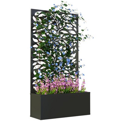 Outsunny Metal Raised Garden Bed with Trellis, Freestanding or Wall Mounted Raised Flower Bed with Privacy Panel for Garden, Patio, Balcony