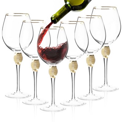 Berkware Classy Rhinestone Embellished Long Stem Rose Wine Glasses with  Gold Rim Design - 18oz (Set of 6)