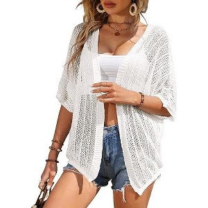 Womens Short Sleeve Mesh Cardigan Drop Shoulder Cardigan Semi-Sheer Sweater Cardigan Lightweight Beach Cover Up - 1 of 1