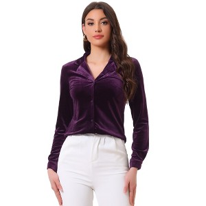 Allegra K Women's Velvet Collared V Neck Long Sleeve Button Down Shirts - 1 of 4