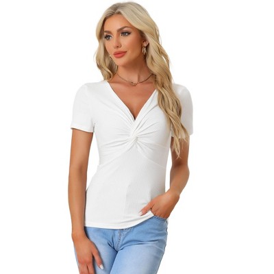 Allegra K Women's Twist Front Short Sleeve V Neck Casual Top