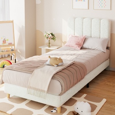 Twin Bed Frame, Boucle Upholstered Platform Bed with Wave Headboard for Girls/Kids, Easy Assembly, Wood Slats Support, No Box Spring Needed