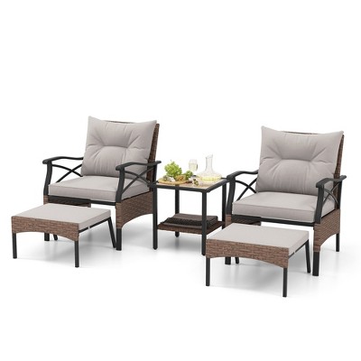 Tangkula 5PCS Wicker Patio Furniture Set Rattan Chairs w/ 2-Tier Tempered Glass Side Table