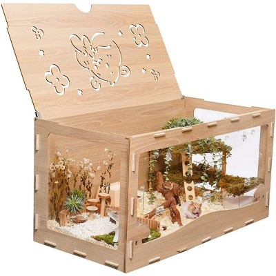 Mewoofun Pet Crates And Houses Large Hamster Cage Wooden Gerbil Cage, Hamster House with Openable Roof Window, Brown, 39.4"*19.7"*19.7"