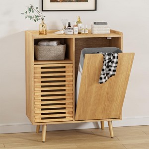 Storage Cabinet with Slatted Door & Hidden Laundry Basket/Tilt Out 10 Gallon Trash Can - 1 of 4