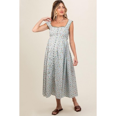 PinkBlush Light Blue Floral Button Front Sleeveless Maternity Maxi Dress