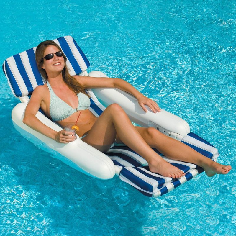 Swimline SunChaser Padded Floating Luxury Pool Lounger Sling Chair Float with Extra Thick Headrest and 2 Cup Holders, Blue/White Stripe, 4 of 7