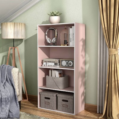 Light Pink Stackable 4-Tier Wood Cube Bookcase for Kids