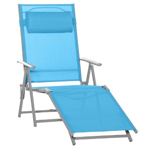 Outsunny Chaise Lounge Foldable Outdoor Chair, Portable, 7-Position Adjustable Reclining Tri-fold Chair with Pillow, Light Blue - 1 of 4