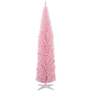 HOMCOM 8 FT Unlit Artificial Christmas Tree Slim Noble Fir with Realistic Branches and 618 Tips, Pink - 1 of 4