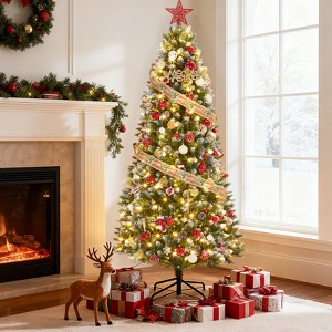 6' Tall Pre-Lit Slim Pencil Christmas Tree with Pinecone, Artificial Xmas Tree, Home Office Holiday Decor Christmas Decoration, Foldable Metal Stand - 1 of 4