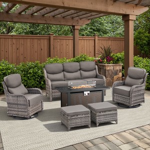 Belord All Weather Wicker Patio Furniture Set 6 Pieces, 6-INCH Extra Thick Cushion Outdoor Patio Firepit Set with Patio Sofa Swivel Chair and Ottoman - 1 of 4