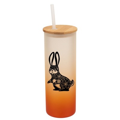 Elanze Designs Gentle Floral Rabbit Orange Frosted Gradient Glass Tumbler with Bamboo Lid & Straw 25 ounce Reusable Iced Coffee or Water Cup,