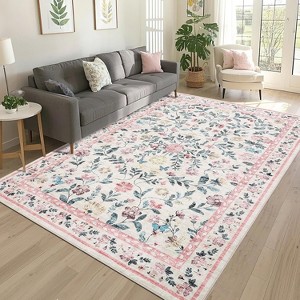 Coucheta Washable Area Rug - Non-Slip Vintage Floral Low Pile Soft Living Room Carpet, Machine Washable Farmhouse Rug for Bedroom - 1 of 4