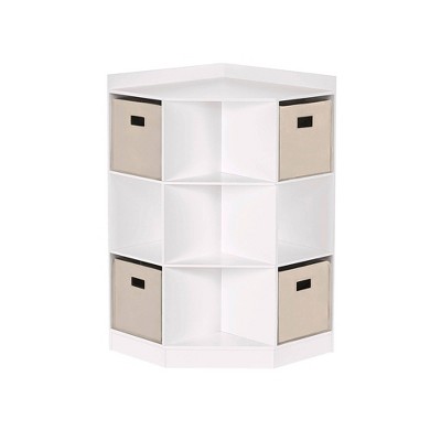 RiverRidge Kids' Corner Playroom Cabinet with 6 Toy Storage Cubbies and 3 Angled Shelves with 4 Fabric Bins