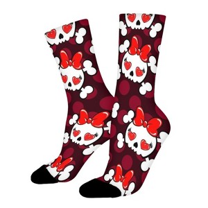 Cute Skull Bones With Red Bow Tie Women Printed Crew Socks Funny Funky Socks Soft Polyester Novelty Gifts for Artists Men - 1 of 1