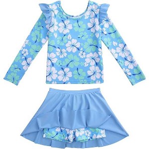 Girls Rash Guard Swimsuit Set Long Sleeve 2 Pieces Bathing Suit Swimming Skirt with Shorts 4-13Y - 1 of 3