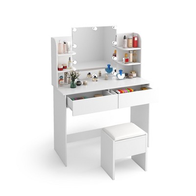 Makeup Vanity, Vanity Desk With Stools & 2 Drawers, LED Mirror And 10 Light Bulbs, 4 Open Storage Shelves, Dressing Table For Bedroom White