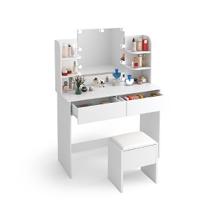 Makeup Vanity, Vanity Desk With Stools & 2 Drawers, LED Mirror And 10 Light Bulbs, 4 Open Storage Shelves, Dressing Table For Bedroom White - 1 of 4