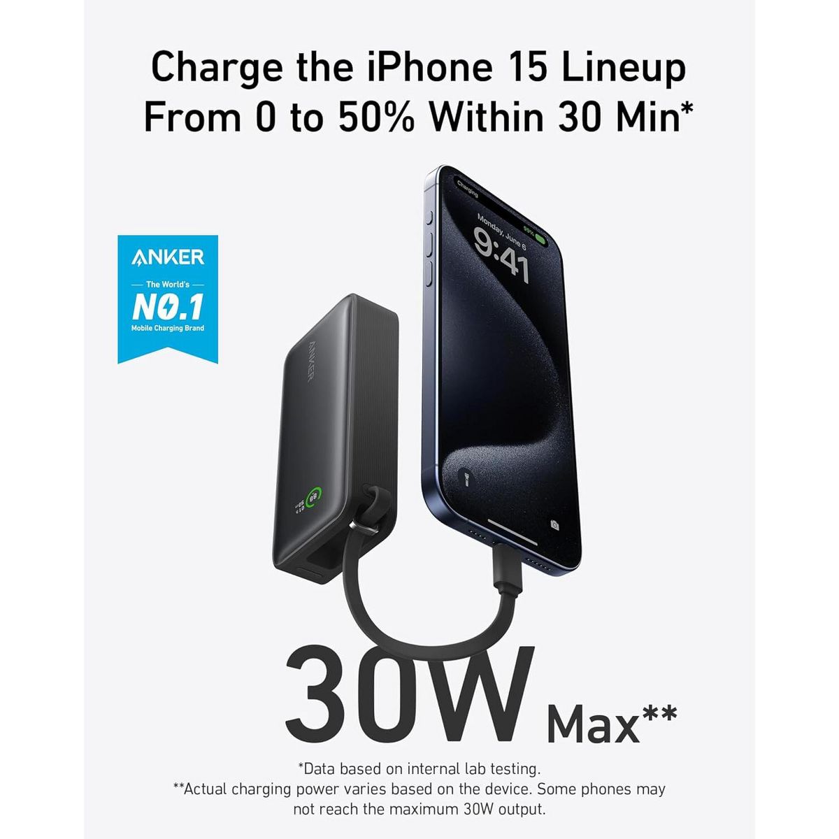 Anker Nano Power Bank, 10,000mAh Portable Charger with Built-in USB-C Cable, 30W Recharging, 30W Max Output - thumbnail 2