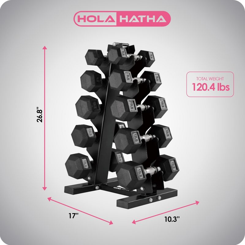 HolaHatha Hexagonal Non Slip Free Hand Dumbbell Weight Training Exercise Set w/ Textured Grips & Folding Storage Rack, 3 of 7