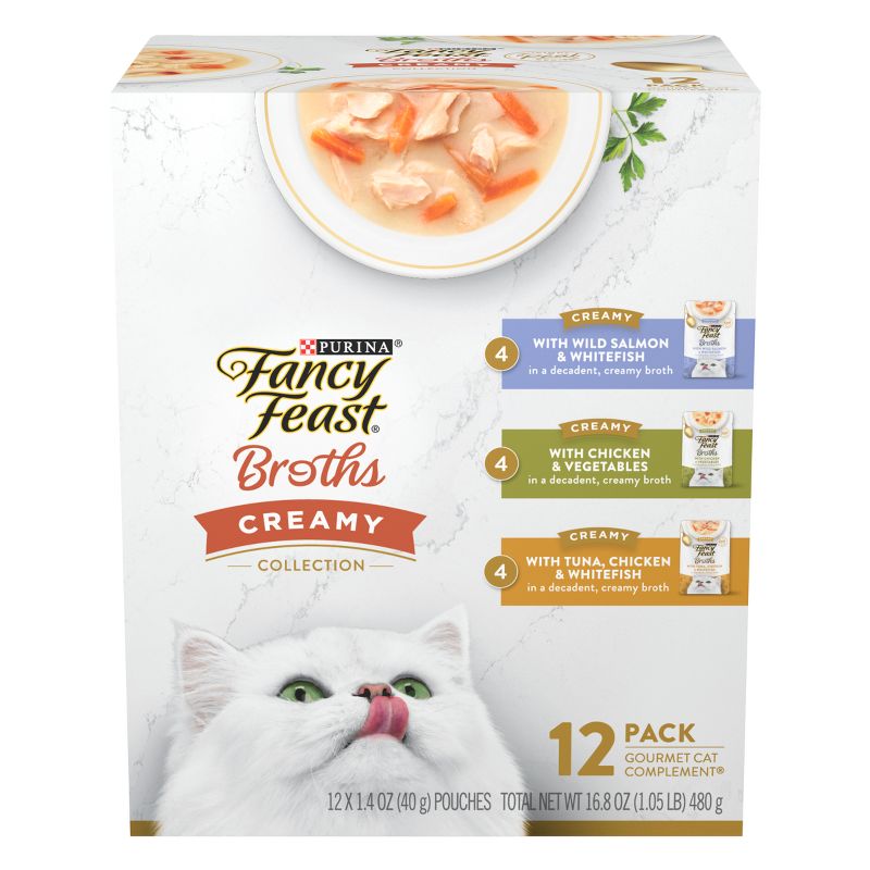 Fancy Feast Broths Creamy Vegetable, Chicken, Tuna, Salmon, Shrimp and Seafood Collection Wet Cat Food Complement - 1.4oz/12ct, 1 of 9
