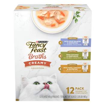 Fancy Feast Broths Creamy Vegetable, Chicken, Tuna, Salmon, Shrimp and Seafood Collection Wet Cat Food Complement - 1.4oz/12ct