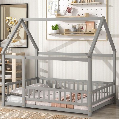 Streamdale Full Size Floor Wooden Bed with House Roof Frame, Fence Guardrails, Grey