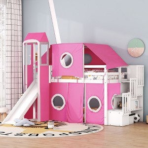 PAGED Twin Size Loft Bed with Storage Stairs, Wooden Bed Frame with Tower, Tent and Guardrail, Modern Bunk Bed for Boy and Girl - 1 of 4
