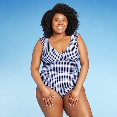 Women's Plus Size Ruffle Gingham High Coverage One Piece Swimsuit - Kona Sol™ Navy 26W