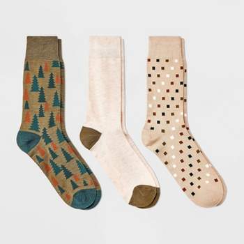 Men's Pine Tree Print Crew Socks 3pk - Goodfellow & Co™ Olive Green/Tan 7-12