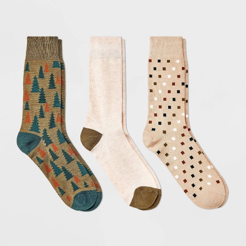Men&#39;s Pine Tree Print Crew Socks 3pk - Goodfellow &#38; Co&#8482; Olive Green/Tan 7-12, 1 of 5