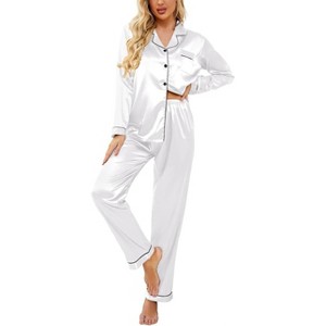 Ekouaer Women's Classic Button Down Long Satin Silk Pajama Set - 1 of 4
