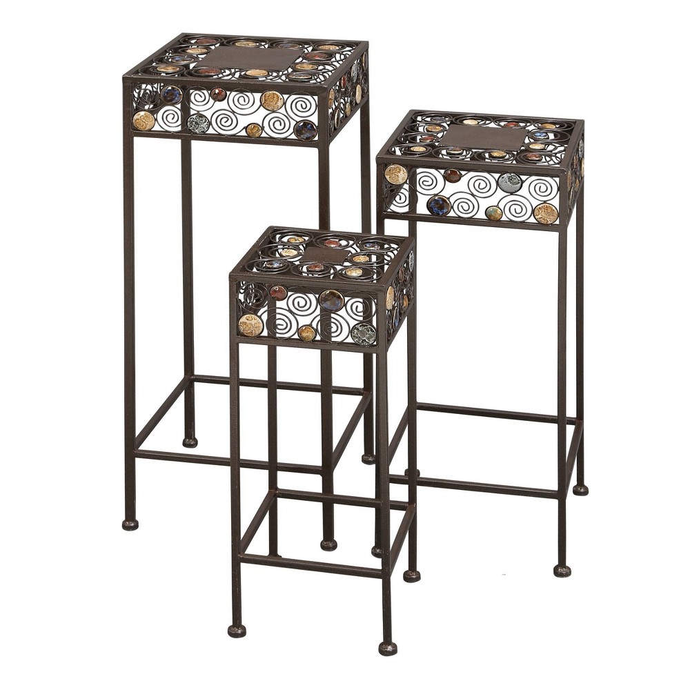 Photos - Flower Pot Set of 3 Metal and Ceramic Square Plant Stand with Bead Detailing Black 