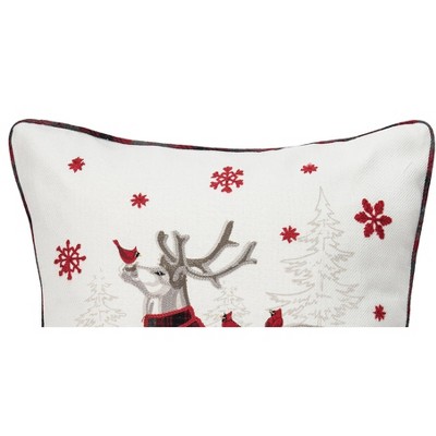 18" x 18" White and Red Embroidered Deer Christmas Pillow