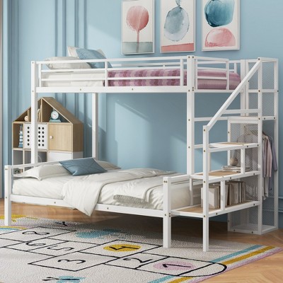 Whisen Twin over Full Size Metal Bunk Bed with Storage Staircase and Open Wardrobe