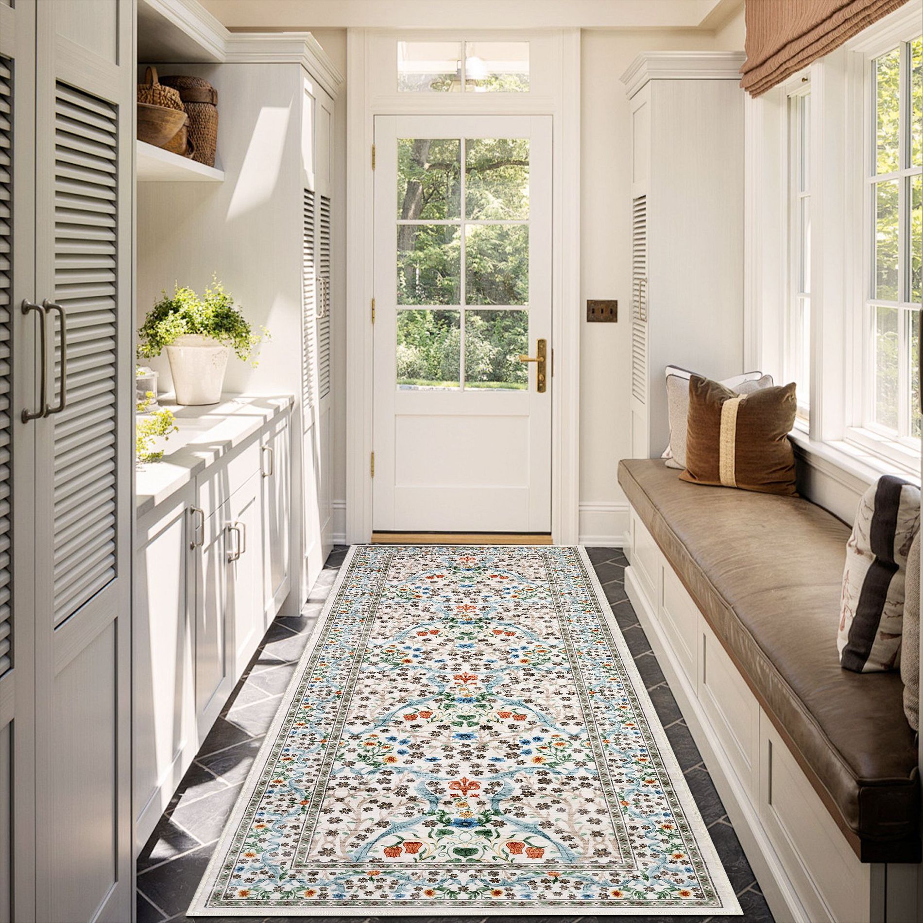 Vintage Floral Area Rug Washable Rugs Stain Resistant Easy Cleaning Indoor Carpet With Non-Slip Backing Low Pile Rug