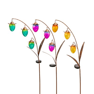 Gerson International Assorted 48-Inch High Solar-Powered Gold Metal Flower Yard Stakes with Colored Glass Buds, Set of 3