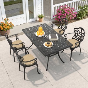 5-Piece Patio Dining Set - All-Weather Cast Aluminum w/ Beige Cushions, Umbrella Hole & Adjustable Feet for Balcony, Backyard - 1 of 4