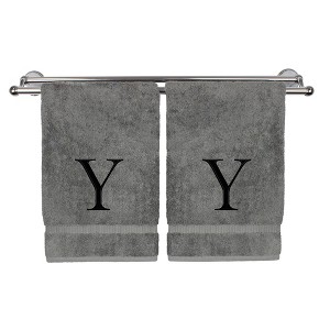 BC BARE COTTON Monogrammed Hand Towel, 100% Turkish Cotton - Set of 2 - Gray - Black Block - 1 of 4