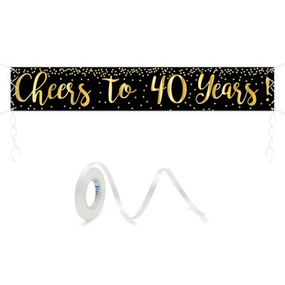 Sparkle and Bash "Cheers to 40 Years" Banner, 40th Birthday Party Decorations (Black, Gold, 9.8 x 1.6 Ft)